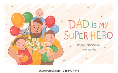 Alles Gute zum Vatertag! Vektorgrafik niedliche Illustration von Vater mit Kindern. Zeichnungen Vatertag mit Urlaubswünschen für Postkarten, Plakate, Banner.