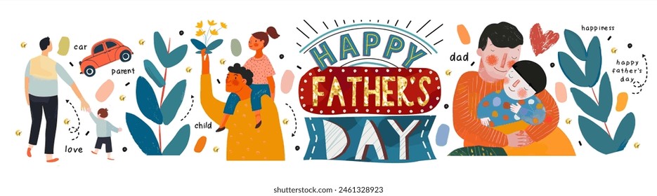 Feliz Día del Padre. Vector lindo estilizado abstracto aislado ilustración sobre fondo blanco de papá y bebé sentado en hombros, retrato, caminando familia, logotipo, coche para tarjeta de felicitación, postal, icono,