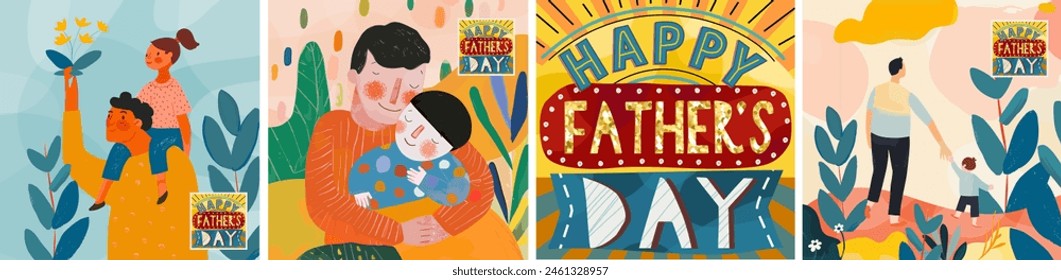 Happy Father's Day. Vector cute stylized abstract illustration of dad and child sitting on shoulders, portrait, walking family in nature, logo for greeting card, poster or flyer