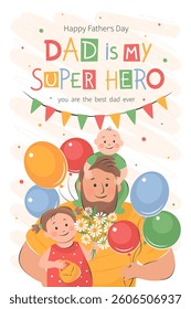 Happy Father's Day! Vector cute illustration of dad with children and holiday wishes for postcards, posters, banner.