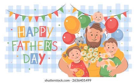 Happy Father's Day! Vector cute illustration of dad with children. Drawings Father's Day with holiday wishes for postcards, posters,  banner.