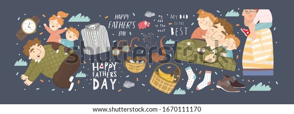 Happy Father`s day! Vector cute illustration of\
father plays with kids, children hug daddy, quote my dad is the\
best; shirt, socks and gifts isolated objects. Drawings for card,\
poster, postcard