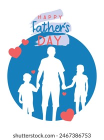 Happy Father's Day vector design with dad and children silhouettes, My dad my hero, greeting card with a nice message of Father's Day.