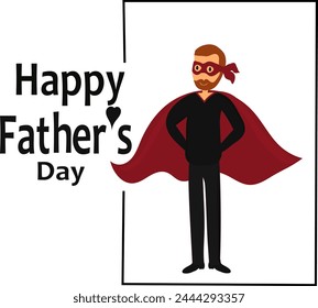 Happy Father's Day Vektorgrafik Zeichentext mit einem Mann als Superheld mit einem Umhang, der in einer quadratischen, abstrakten Tür steht