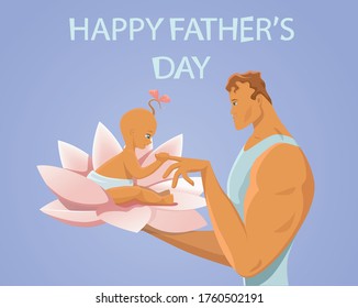 Happy Father's Day vector flat design greeting card illustration. Dad holds a lotus flower, a newborn baby sits in the petals.  Daughter holds father’s index finger in a fist. Happy Family