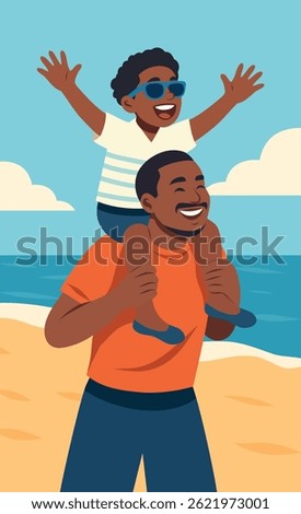 Happy Father's Day. Vector flat illustration of happy father holding son on shoulders, joy, fun. Father and son on the beach. Festive illustration for Family Day, Father's Day, Children's Day