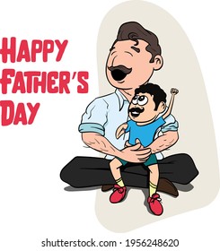 Happy Father's Day Vector Graphic. Kids playing with father. Father dressed as a superhero with a cape. Kid imitating father with mustache. Father holding baby girl in hands. 