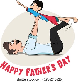 Happy Father's Day Vector Graphic. Kids playing with father. Father dressed as a superhero with a cape. Kid imitating father with mustache. Father holding baby girl in hands. 