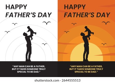 Happy Father's Day vector graphic with a silhouette of a father holding his son on his shoulders. Happy Father's Day lettering for Father's Day Celebrations, greetings card, etc.
