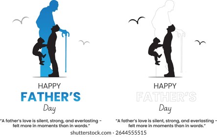 Happy Father's Day vector graphic with a silhouette of a father holding his son on his shoulders. Happy Father's Day lettering for Father's Day Celebrations, greetings card, etc.
