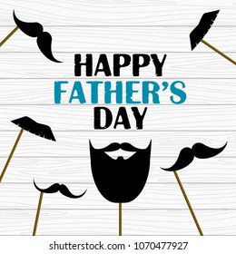 Happy father's day. Vector greeting card with fake mustaches photo props on wooden background