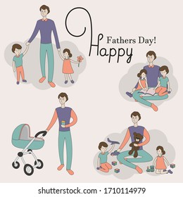 Happy fathers day vector greeting card Father and kids