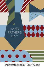 Happy Fathers day, vector greeting card. Multicolor necktie and bowtie, creative clothing and accessories background. Concept for greeting card, party invitation, flyer, clothes sale, poster design. 