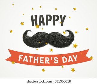 Happy Father's Day vector greeting card with hand drawn moustache. Cool and cheerful postcard decorated with gold stars and red ribbon.