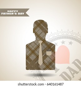 Happy Father's Day vector greeting poster with stamp, man silhouette in jacket with brown line pattern, pocket and tie on the gradient light brown background with stripe.