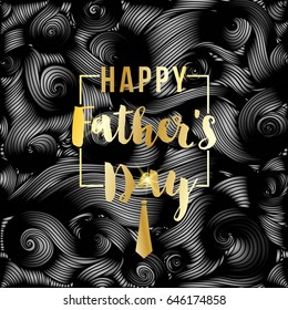 Happy Father's Day vector greeting card. Gold message on black abstract backdrop. Vinil or oil waves, Striped waves texture, wavy background. Modern template with waves looks like tangled tape