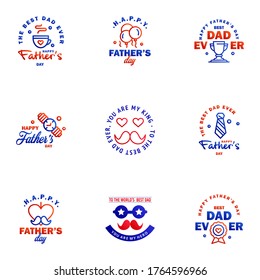 Happy Fathers Day. vector hand lettering. 9 Blue and red Calligraphy illustration for greeting card. festival poster etc. Editable Vector Design Elements