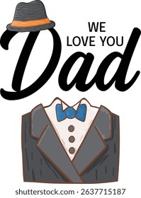 Happy Fathers Day vector with hat, bow tie. Handwritten calligraphy greeting text. Vector illustration promotional template.