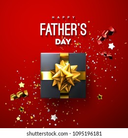 Happy Fathers Day. Vector holiday illustration. Abstract red background with gift box, golden ribbon and bow, confetti particles and stars. Festive event decoration