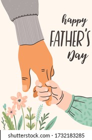 Happy Fathers Day. Vector illustration. Man holds the hand of child. Design element for card, poster, banner, flyer and other use.