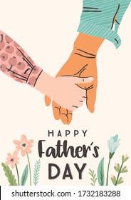 Happy Fathers Day. Vector illustration. Man holds the hand of child. Design element for card, poster, banner, flyer and other use.