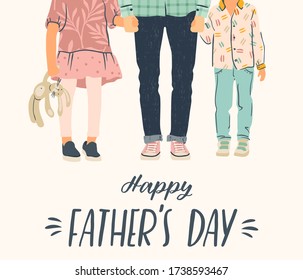 Happy Fathers Day. Vector illustration. Man holds the hand of children. Design element for card, poster, banner, flyer and other use.