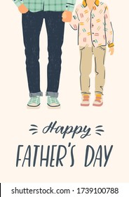 Happy Fathers Day. Vector illustration. Man holds the hand of child. Design element for card, poster, banner, flyer and other use.