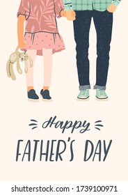 Happy Fathers Day. Vector illustration. Man holds the hand of child. Design element for card, poster, banner, flyer and other use.