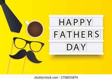 Happy father's day vector illustration. Light box background.Happy Father Day Card ,design for greeting card, poster, banner.Yellow background.Mustache,glasses,coffee and bow tie vector.