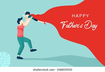 Happy father's day vector illustration concept, dad playing with his son wearing cape, can use for, landing page, template, ui, web, homepage, poster, banner, flyer