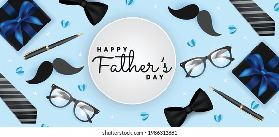 Happy father's day vector illustration blue background. Fathers day banner with necktie, bow, glasses, mustache, pen, hearts, gift box.