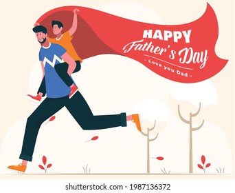 Feliz Día del Padres Vector Niño de la ilustración monta una pocilga en la espalda de su padre llevando una bandera de amor de tu padre 