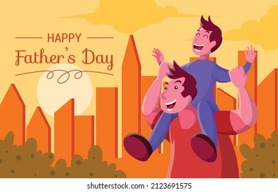 happy father's day vector illustration greeting card. super dad with his son hang on his arms.