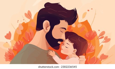 Happy Father's Day. Vector illustration.
Happy Father's Day greeting card or banner. Dad holding his son and daughter. Vector flat