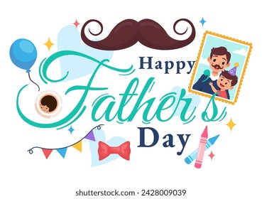 Happy Fathers Day Vector Illustration with Father and his Son or Daughter Playing Together in Flat Kids Cartoon Background Design