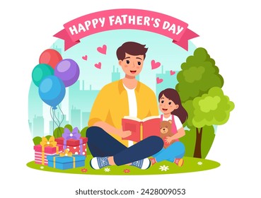 Happy Fathers Day Vector Illustration with Father and his Son or Daughter Playing Together in Flat Kids Cartoon Background Design