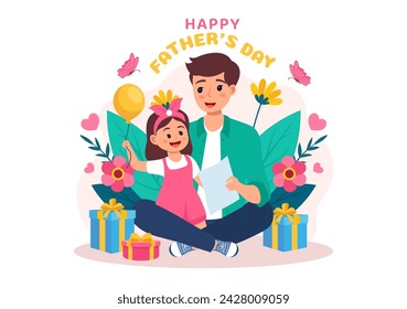 Happy Fathers Day Vector Illustration with Father and his Son or Daughter Playing Together in Flat Kids Cartoon Background Design