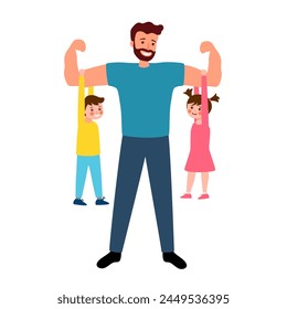 Happy father's day vector illustration greeting card. Super dad with his son and daughter hang on his arms.