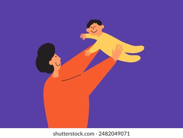 Feliz día de los padres Ilustración vectorial. Alegre papá levantando a su hijo en la mano. Hombre sonriente sosteniendo al bebé. Concepto de padre soltero. Familia con un hijo. Permiso de paternidad, los padres сson amor, infancia