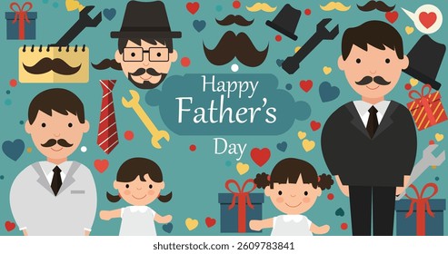 Happy Father's Day Vector Illustration with Dads, Daughters and Icons