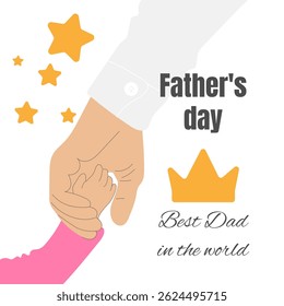 Happy Father's Day Vector Illustration Man Holding Hand Daughter Children Girl Boy Kid Crown Banner With Lettering White Pink Shirt Stars Joy Child Happiness Best Dad In The World