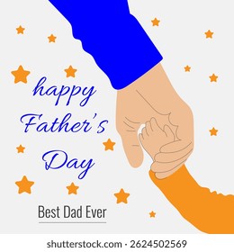 Happy Father's Day Vector Illustration Man Holding Hands Children Girl Boy Kid Banner With Lettering Blue Orange Yellow Stars Joy Child Happiness Best Dad In The World