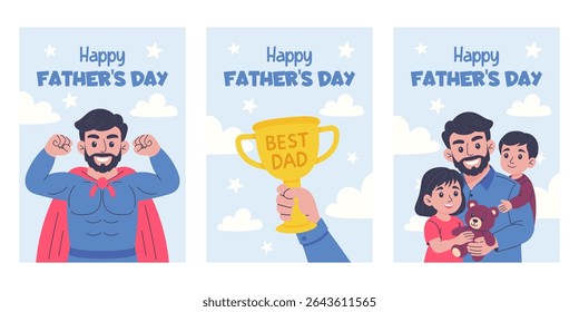 Happy Father's Day vector illustration set. Smiling dad with kids, superhero costume and best dad trophy. Cute cartoon design for greeting cards and posters