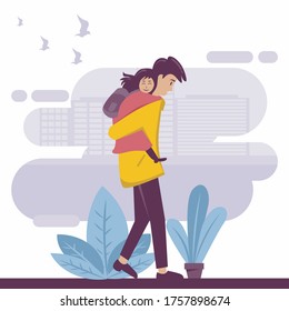 Happy Father's Day vector ilustration of a flat design. father holding his child background 