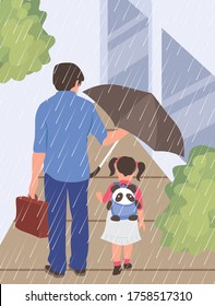 Happy Father's Day vector ilustration of a flat design. 
The father protects his child from the rain with holding umbrella 
and allowing himself to get wet in the rain, true father, father hero