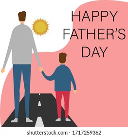 Happy Father's Day vector layout concept with father walking along his son on the road in the white and background with "Happy Father's Day" text