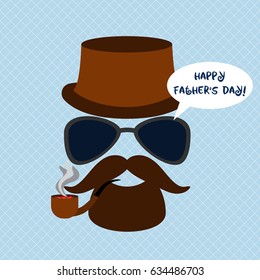 Happy father's day! Vector modern flat icon design on the father's day. Character of a man with brown hat, mustache and beard, tobacco pipe, text cloud, sunglasses and no face