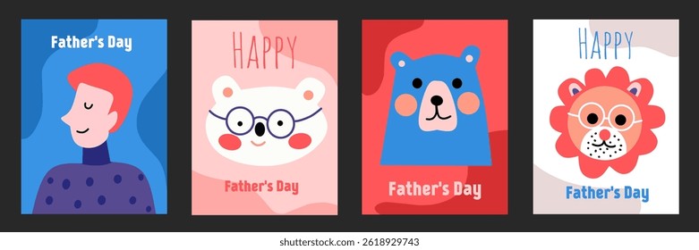 Happy father's day vector postcards set. Doodle flat illustration of a cute father's character, dad, animal, lion, bear. Portrait template in colorful background. Fun design for greeting and banner.
