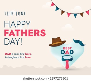 Happy Father's Day Vector. Happy Father's Day poster with tie, hat and mustache. Father's Day Card Design. Happy dad day. Parenthood love and care. 18th June celebration. Father DAD Wish Celebration.