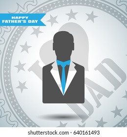 Happy Father's Day vector poster with stamp, man silhouette in dark gray jacket with blue tie on the gradient gray background with blue stripe.